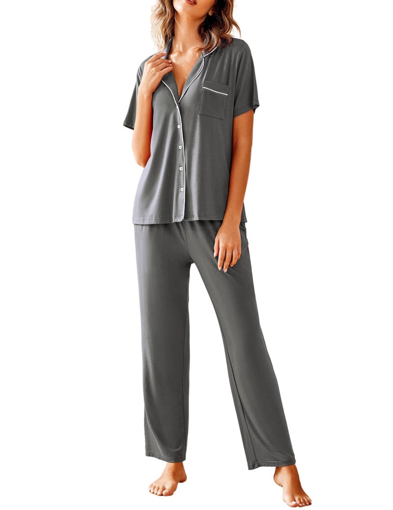 Avidlove Women Pajamas Set Notch Collar Soft Sleepwear Pjs Short Sleeve Button Down Nightwear with Long Pants Grey - Image 1